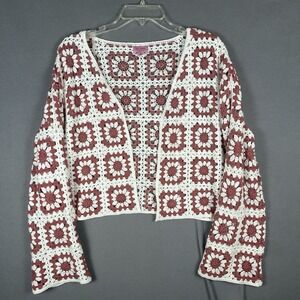 Mi Ami Size S Granny Square Crochet Bell Sleeve Cropped Cardigan Sweater